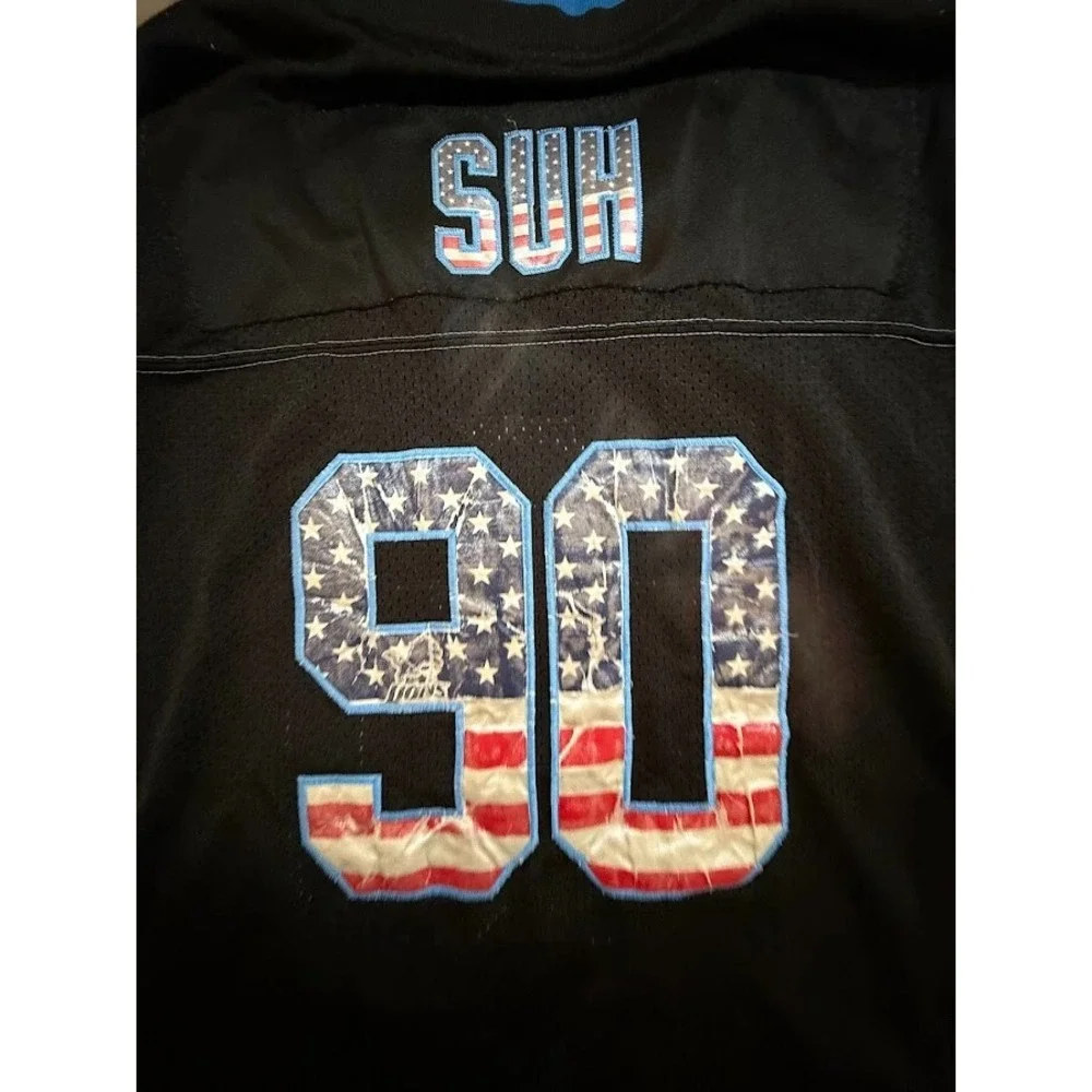 Detroit Lions Suh #90 Nike NFL Stars & Stripes Jersey Mens 44 Black Short Sleeve